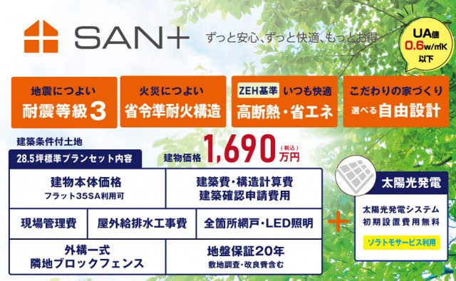 SAN+ZEH(ネットゼロエネルギーハウス)基準クリア住宅や耐震等級3の家。最大10KWまで実質0円にてZEH住宅となる太陽光発電設置可能の建物価格1550万円(税込)基準面積27~28.5坪標準